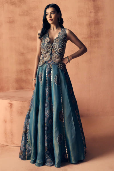 Teal blue embroidered lehenga set