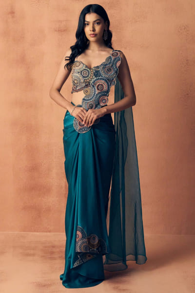 Teal blue thread embroidered draped sari set