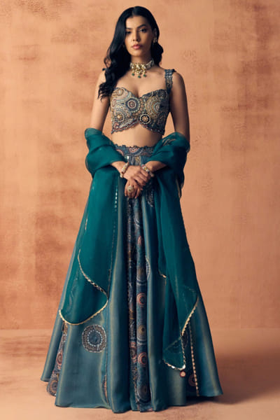 Teal blue embellished lehenga set