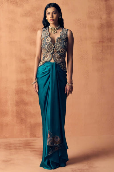 Teal blue thread embroidered draped skirt set