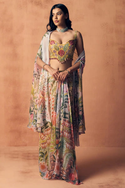 Pale blue printed cape draped skirt set