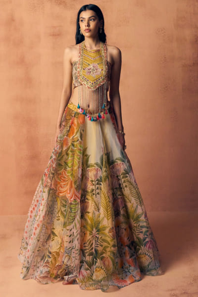 Pale blue floral printed lehenga set