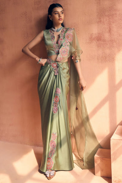 Pastel olive embroidered pre draped sari set