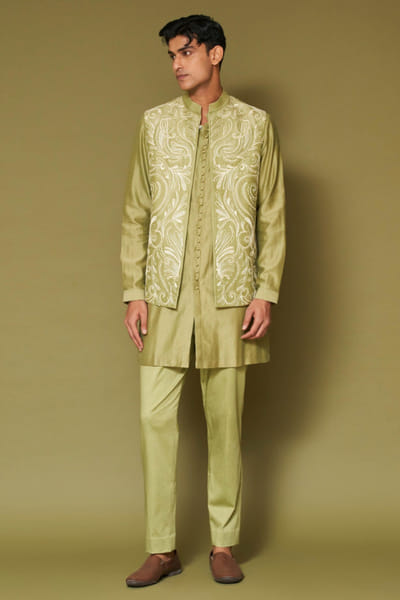 Devnaagri Pistachio dori embroidered bandi kurta set DEVNAPR26D143058