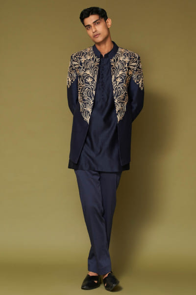 Devnaagri Midnight navy dori embroidered bandhgala set DEVNAPR26D143060