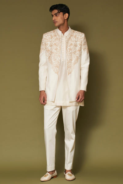 Devnaagri Ivory dori embroidered bandhgala set DEVNAPR26D143061