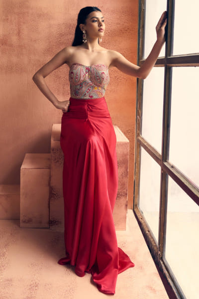 Fuchsia pink embroidered drape skirt set