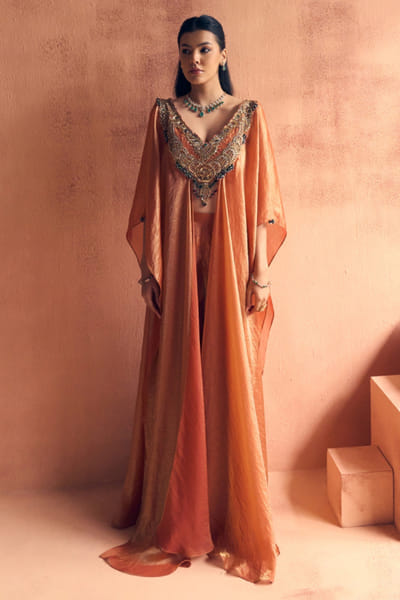 Rust orange bead embroidered kaftan set