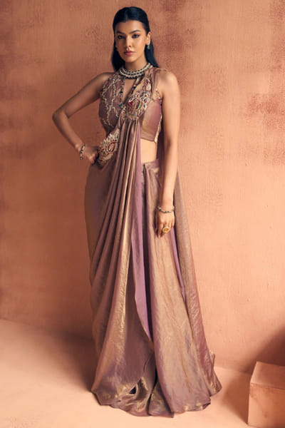 Brown embroidered pre draped sharara set