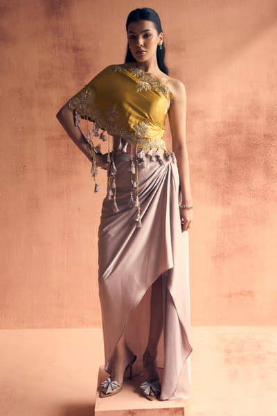 Multicoloured embellished drape skirt set