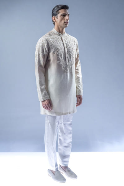 Rohit Gandhi + Rahul Khanna Mist ombre floral tonal embroidered kurta set ROHIAUG26D152973