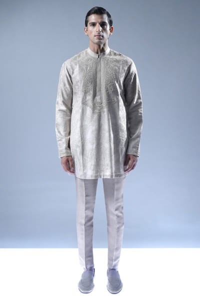 Rohit Gandhi + Rahul Khanna Grey embroidered textured kurta set ROHIAUG26D152970