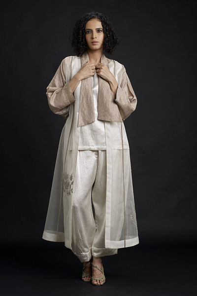 Silver beige and ivory embroidered jacket set