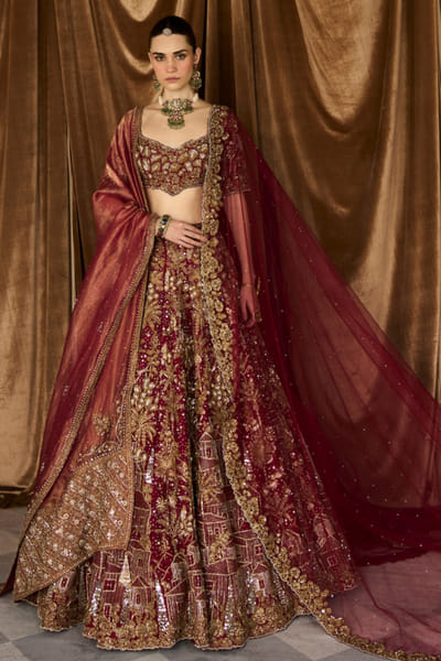 Scarlet red embroidered lehenga set