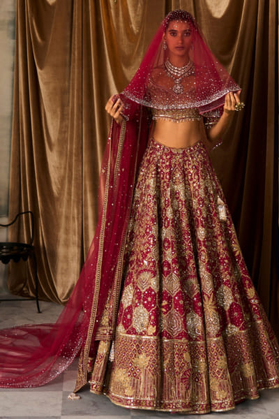 Scarlet red kiran dori embroidery lehenga set