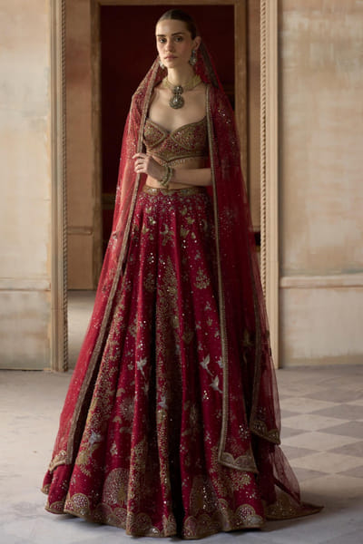 Scarlet red kiran dori embroidered lehenga set
