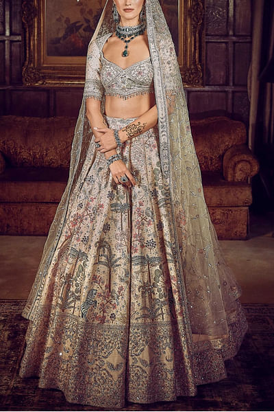 Beige zardozi embroidered lehenga set