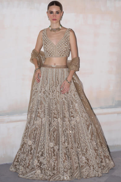 Gold pearl embroidered lehenga set