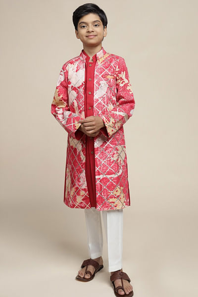 Crimson red and white leaf printed sherwani set