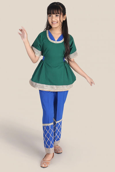 Green and blue sequin embroidery short kurta set