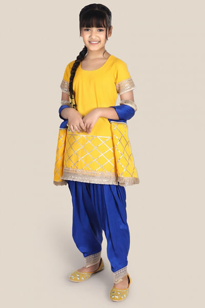 Yellow and blue gota embroidered kurta set