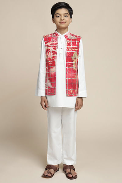 Red and white leaf print gota jacket kurta set