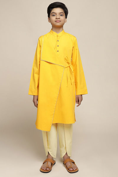 Yellow asymmetric panel angrakha kurta set