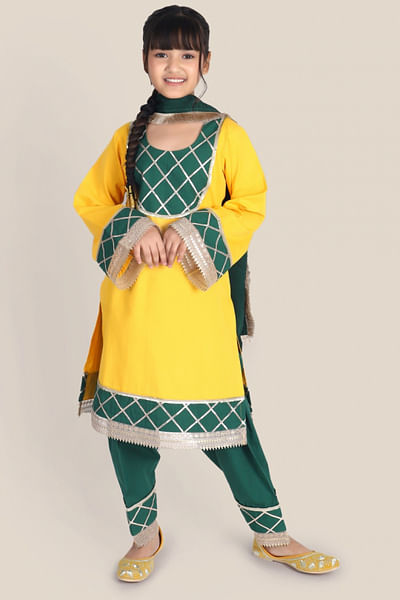 Yellow and green criss-cross gota work kurta set