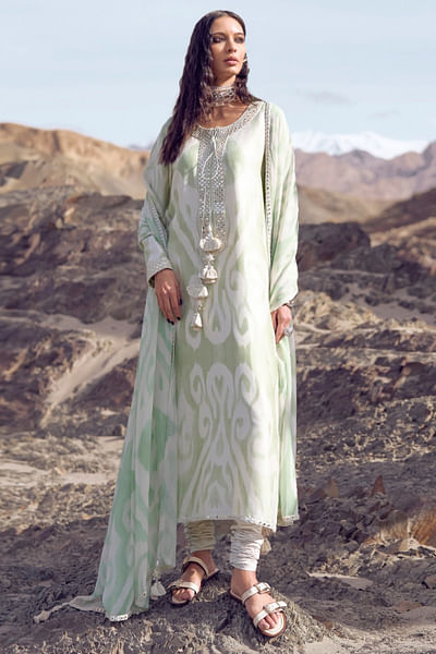 Seafoam green abstract printed long kurta set
