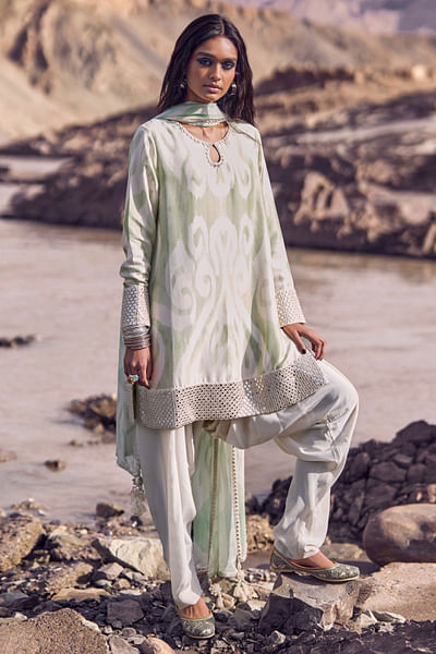 Seafoam green abstract printed short kurta set