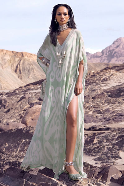 Seafoam green abstract printed kaftan set