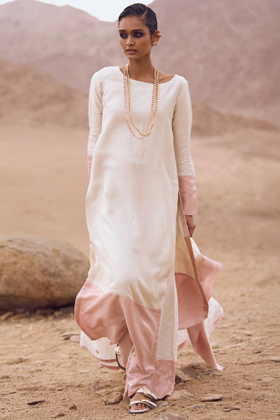 Ivory stripe textured sequinned long kurta set