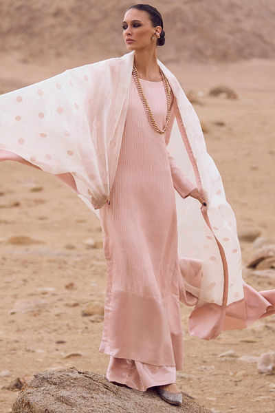 Crystal pink stripe textured sequin kurta set