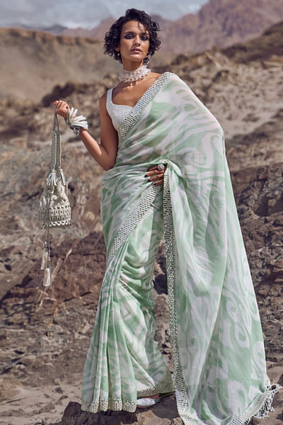 Seafoam green abstract printed sari set