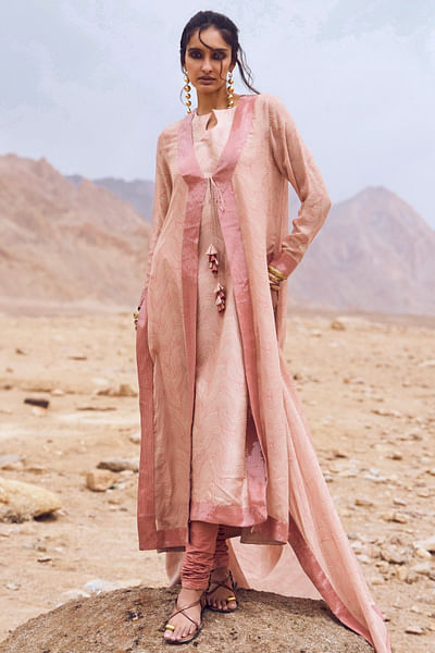 Terracotta wavy print sequin jacket kurta set