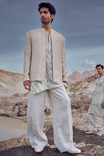 Ivory striped jacket and printed kurta set