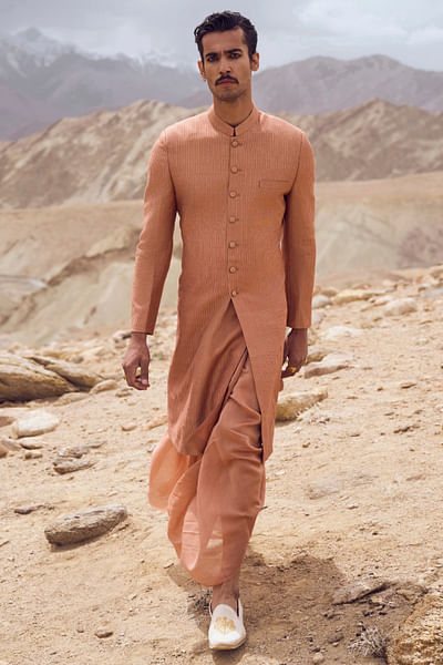 Terracotta stripe textured sherwani set