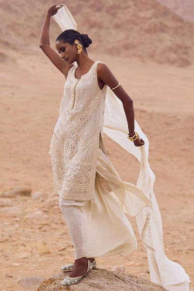 Ivory mirror embellished kurta set