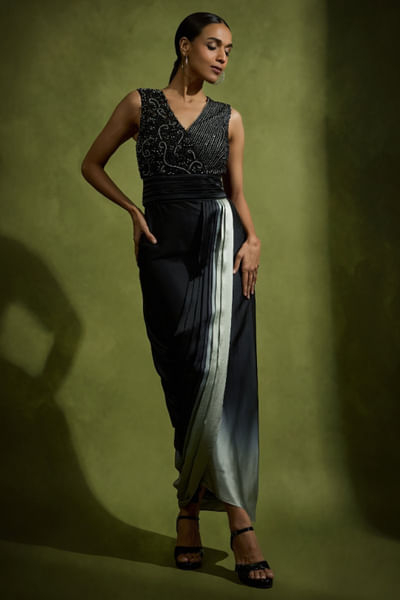 Black ombre crystal embellished drape dress
