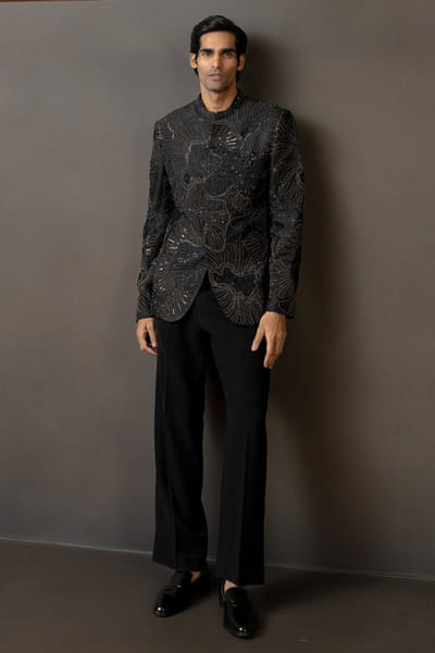 Black embroidered bandhgala set