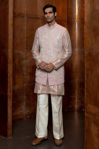 Powder pink sea coral embroidered bandi set