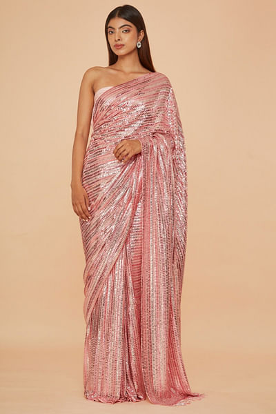 Pink sequin embellished sari set