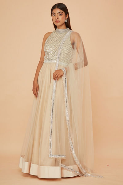 Skin silver crystal embroidered anarkali set