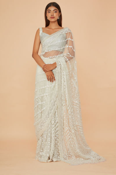 White embroidered tulle sari set