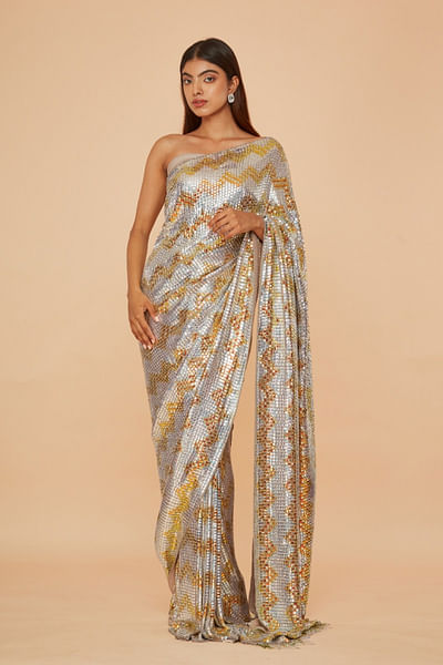 Silver and gold sequin embroidered sari set