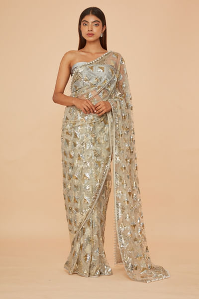 Silver embroidered net sari set