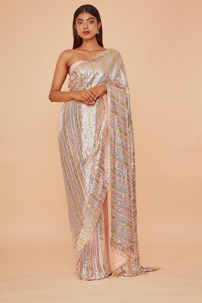 Multicolour sequins embroidered sari set