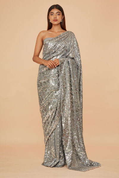 Silver sequin embroidered sari set