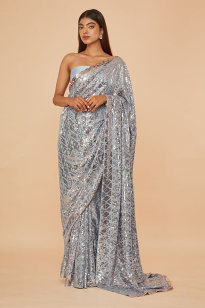 Blue sequin embroidered sari set