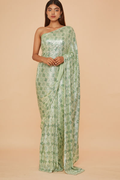 Green sequin embroidered sari set